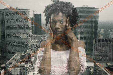 Stressed woman holding head with hands on abstract city, megapolis background. Double exposure....