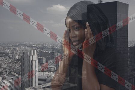 Stressed woman holding head with hands on abstract city, megapolis background. Double exposure....