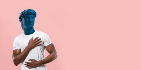 Fit male body headed by blue statue. Wondered. Flyer. Negative space to insert your text. Modern design. Contemporary colorful and conceptual bright art collage with statues head, historical.の写真素材