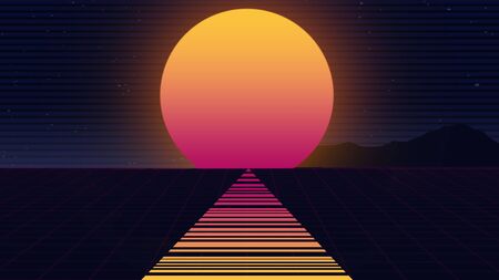 Beautiful beach evening, synth wave and retro wave, vaporwave futuristic aesthetics. Ultraviolet, glowing neon style. Stylish poster, purpose flyer, bright colors and geometric lines. Resort, chill.の写真素材
