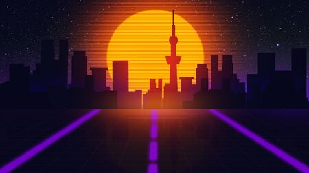 Beautiful city evening, synth wave and retro wave, vaporwave futuristic aesthetics. Ultraviolet,...