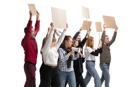 Emotional multicultural group of people screaming while holding blank placards on white background....