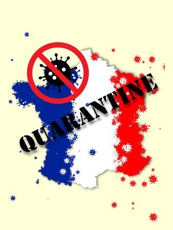 France colored in colors of national flag and coronavirus - concept of spreading of virus. Cancelling, isolation, quarntined, wordwide epidemic. Stay safe. Prevention, safety, COVID pandemic concept.の写真素材