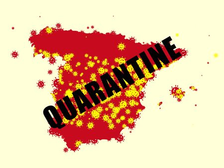 Spain colored in colors of national flag and coronavirus - concept of spreading of virus. Cancelling, isolation, quarntined, wordwide epidemic. Stay safe. Prevention, safety, COVID pandemic concept.の写真素材