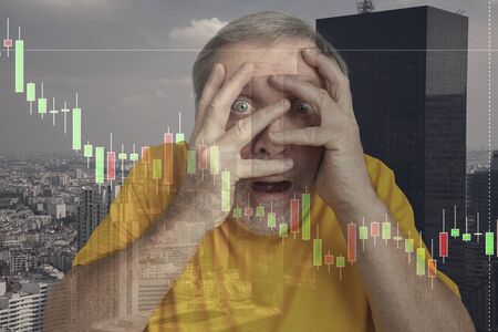 Stressed man holding head with hands on abstract city, megapolis background. Double exposure. Virus...