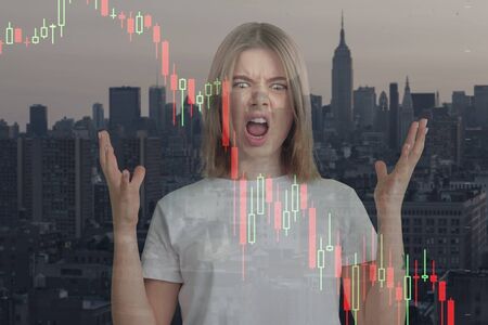 Stressed woman holding head with hands on abstract city, megapolis background. Double exposure....
