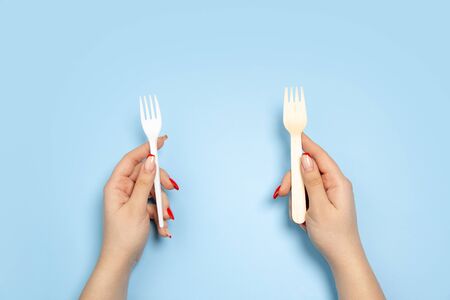 Forks. Eco-friendly life - organic made recycle things in compare with polymers, plastics analogues. Home style, natural products for recycle and not harmful to the environment and health.の写真素材