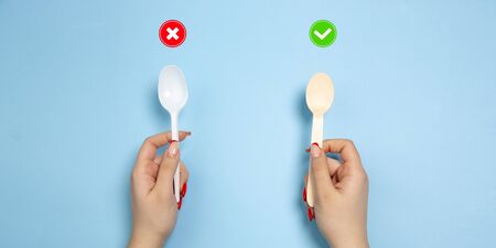 Spoons. Eco-friendly life - organic made recycle things in compare with polymers, plastics analogues. Home style, natural products for recycle and not harmful to the environment and health.の写真素材