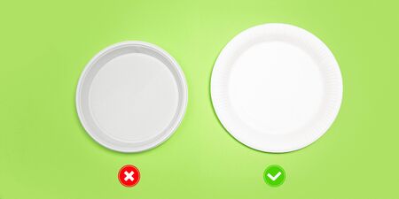 Plates. Eco-friendly life - organic made recycle things in compare with polymers, plastics analogues. Home style, natural products for recycle and not harmful to the environment and health.の写真素材