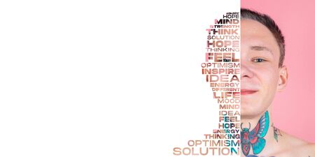 Portrait of happy and inspired man with lettering hope, idea, solution, mind, flyer with copyspace for advertising. Mixed background, art collage and modern design. Inspiration, development concept.の写真素材