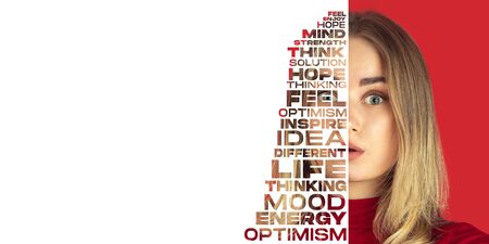 Portrait of happy and inspired woman with lettering hope, idea, solution, mind, flyer with copyspace...