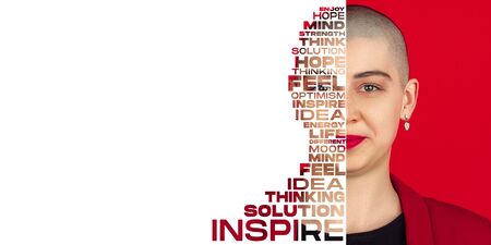 Portrait of happy and inspired woman with lettering hope, idea, solution, mind, flyer with copyspace for advertising. Mixed background, art collage and modern design. Inspiration, development concept.の写真素材