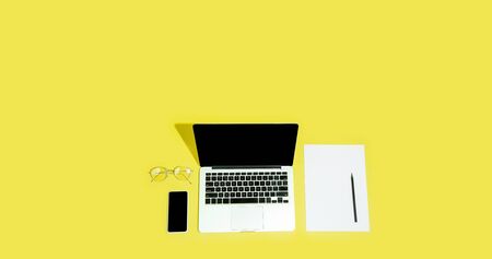 Gadgets, devices on top view, blank screen with copyspace, minimalistic style. Technologies, modern, marketing. Negative space for ad. Coral on background. Stylish, trendy. Workplace for productivity.の写真素材