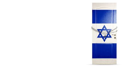 Door colored in Israel national flag, locking with chain. Countries lockdown during coronavirus, COVID spreading. Concept of medicine and healthcare. Worldwide epidemic, quarantine. Copyspace.の写真素材