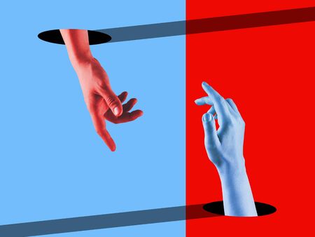 Meeting. Bright painted human hands touching by fingers. Contemporary art collage. Modern design...