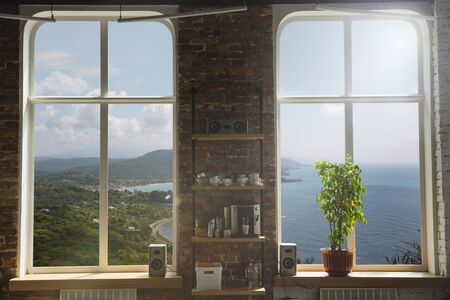 Closed window and beautiful picture outside, nature view, resort and resting. Sunny summers or...