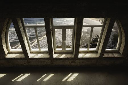 Closed window and beautiful picture outside, nature view, resort and resting. Sunny summers or...