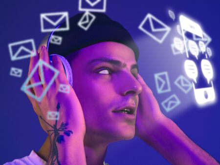 Beautiful man with white eyes using interface modern technology and digital layer effect for social...