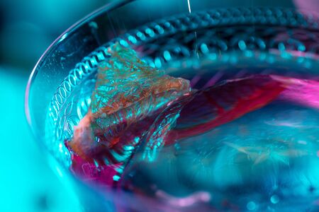 Close up of alcoholic cocktail prepared by professional barman in multicolored neon light.の写真素材