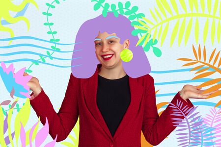 Portrait of a young woman with freaky appearance, look and bright colorful painted design. Retro and...
