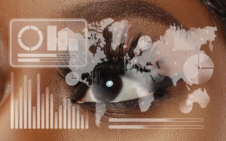 Interface modern technology and digital layer effect in front of human eye full of hope as business, finance crisis, economics recession, unemployment concept. Analyzing information, neon icons.の写真素材