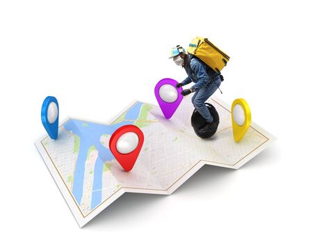Home delivery, food purchase via the Internet. Deliveryman on unicycle arriving to any address on...