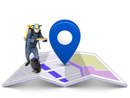 Home delivery, food purchase via the Internet. Deliveryman on unicycle arriving to any address on map with your order. Man hurrying up to delivery point with thermo bag. Courier service, safety.の写真素材