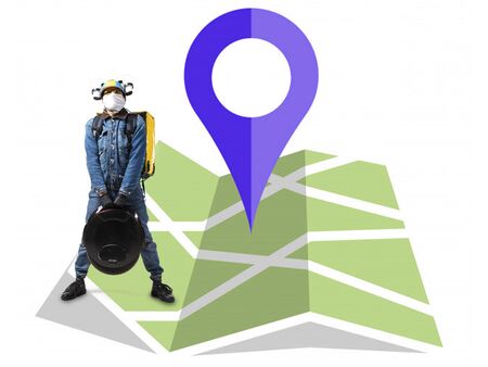 Home delivery, food purchase via the Internet. Deliveryman on unicycle arriving to any address on map with your order. Man hurrying up to delivery point with thermo bag. Courier service, safety.の写真素材