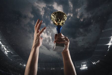 Proud and strong. Award of victory, male hands tightening the golden cup of winners against cloudy dark sky. Sport, competition, championship, winning, achieving the goal. Prize for success and honor.の写真素材