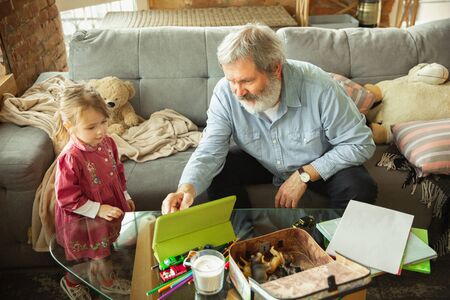 Grandfather and grandchild playing together at home. Happiness, family, relathionship, learning and education concept. Sincere emotions and childhood. Reading books, playing gadgets, look happy.の写真素材