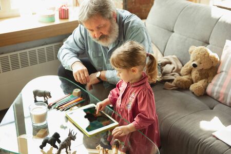 Grandfather and grandchild playing together at home. Happiness, family, relathionship, learning and education concept. Sincere emotions and childhood. Reading books, drawing, playing with puzzles.の写真素材