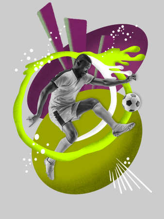Young male football player with colourful art drawings in comics style. Creative modern artwork, contemporary art. Clothes with bright elements. Youth, creativity, inspiration, sport and motion.の写真素材