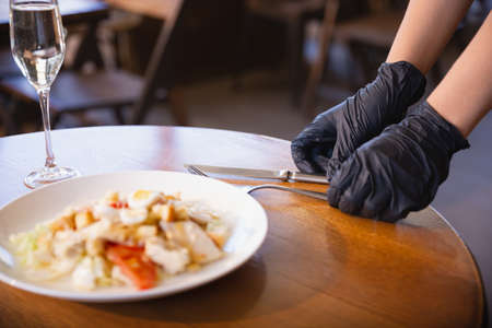 The waitress works in a restaurant in a medical mask, gloves during coronavirus pandemic. Representing new normal of service and safety. Putting the order, serving, taking care of clients, visitors.の写真素材