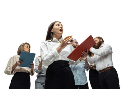 Time out. Nervous tensioned investors analyzing crisis stock market with charts on their gadgets....