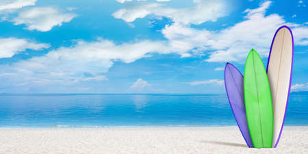 Summer concept flyer. Surfing boards with beach, sand and ocean or sea on background. Blue water and...
