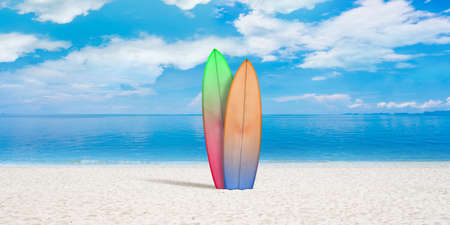 Summer concept flyer. Surfing boards with beach, sand and ocean or sea on background. Blue water and...
