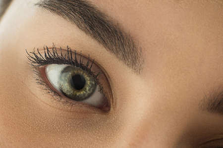 Close up of face, eyes of beautiful caucasian young woman, clear look. Human emotions, facial...