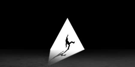 Silhouette of man walking in the night toward the light, view from above. Way of life, going nowhere. Flyer with copyspace. Mind and art concept, loneliness, freedom of choice. Abstract illustration.の写真素材