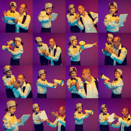 Collage of photos of senior man, grandfather and little girl, granddaughter on gradient background...