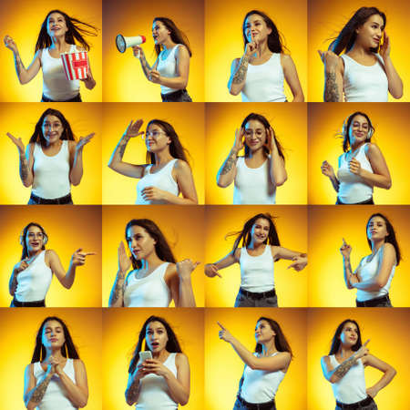 Collage of portraits of young emotional woman on yellow gradient background in neon. Concept of human emotions, facial expression, sales. Smiling, shouting, happy. Copyspace for ad, proposal.の写真素材