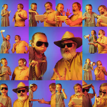 Collage of photos of senior man, grandfather and little girl, granddaughter on gradient background in neon. Joyful elderly lifestyle, family, childhood, communication, tech, emotions concept.の写真素材