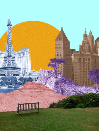 City and mountains with huge sun on blue background. Negative space to insert your text. Modern design. Contemporary colorful and conceptual bright art collage for advertising. Zine, retrowave style.の写真素材