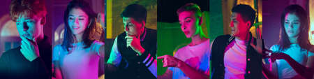 Collage of portraits of 4 young emotional people on multicolored background in neon light. Concept...
