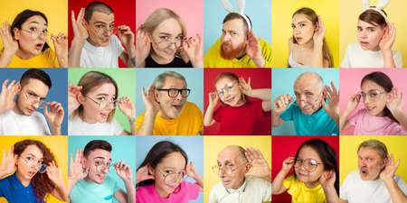 Collage of portraits of 16 young emotional people on multicolored background. Concept of human...