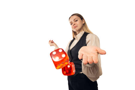 Poker girl. Young woman, croupier gesturing isolated on white background. Highly tensioned, wide...