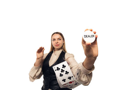 Poker girl. Young woman, croupier gesturing isolated on white background. Highly tensioned, wide...