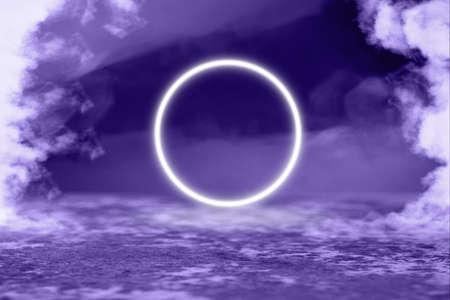 Lightning circle. Synth wave and retro wave, vaporwave futuristic aesthetics. Glowing neon style. Horizontal wallpaper, background. Stylish flyer for ad, offer, bright colors and smoke neoned effect.の写真素材