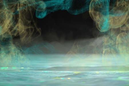 Colors. Synth wave and retro wave, vaporwave futuristic aesthetics. Glowing neon style. Horizontal wallpaper, background. Stylish flyer for ad, offer, bright colors and smoke neoned effect. Copyspace.の写真素材