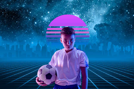 Football boy. Beautiful background, synth wave and retro wave, vaporwave futuristic aesthetics....