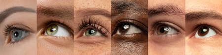 Set, collage of different types of male and female eyes. Concept of beauty, mental health, ophtalmology, cosmetology, cosmetics. Beautiful close up eyes of 6 people with different colors and emotions.の写真素材